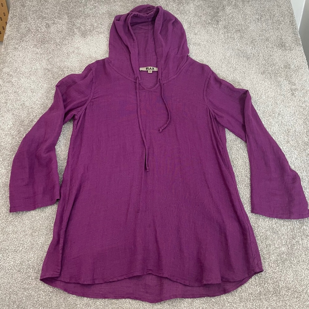 FLAX Hoodie Womens Small Linen Blend Hooded Tunic Bell Sleeve Top Boho Beachy